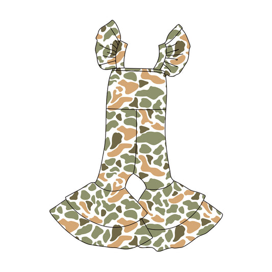 ( Moq 5 ) Preorder Baby Girls Short Sleeves Orange Green Camo Bell Pants Jumpsuit