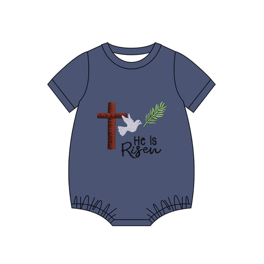 ( Moq 5 ) Preorder Baby Boys Short Sleeves He is Risen Cross Easter Bubble Romper