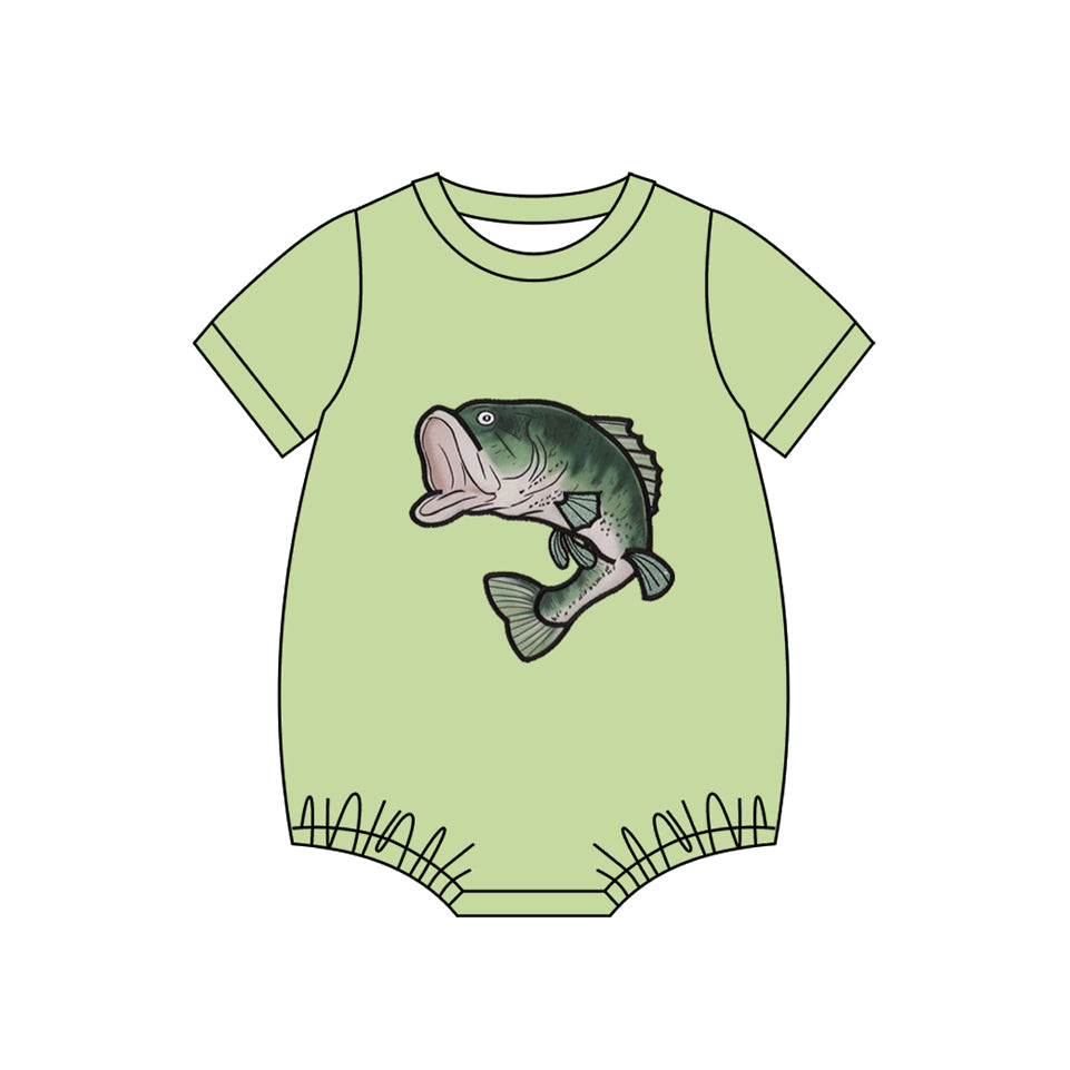( Moq 5 ) Preorder Baby Boys Green Short Sleeves Fish Bubble Hunting Romper
