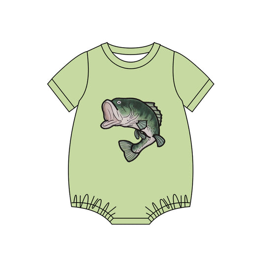 ( Moq 5 ) Preorder Baby Boys Green Short Sleeves Fish Bubble Hunting Romper