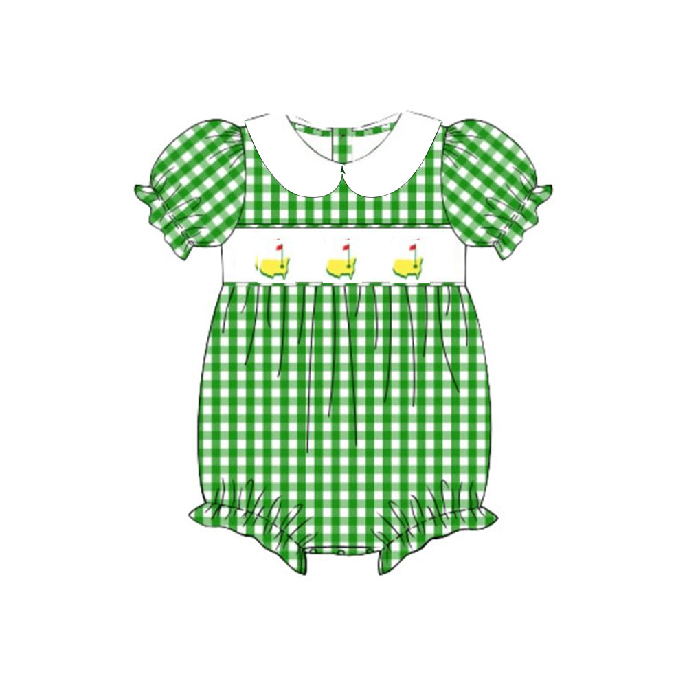 ( Moq 5 ) Preorder Baby Girls Short Sleeves Golf Green Plaid Bubble Romper