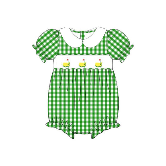 ( Moq 5 ) Preorder Baby Girls Short Sleeves Golf Green Plaid Bubble Romper