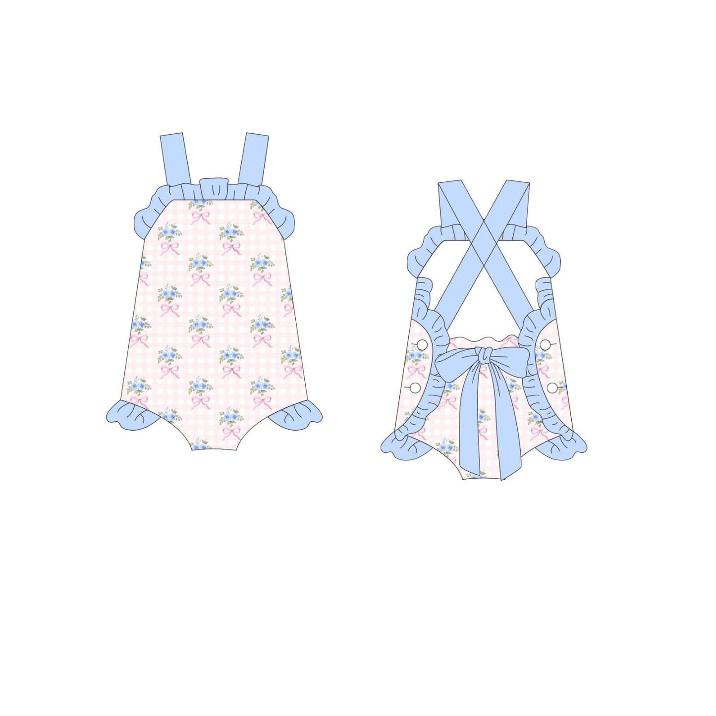 ( Moq 5 ) Preorder Baby Girls Straps Flower Bows Pink Plaid Summer Romper