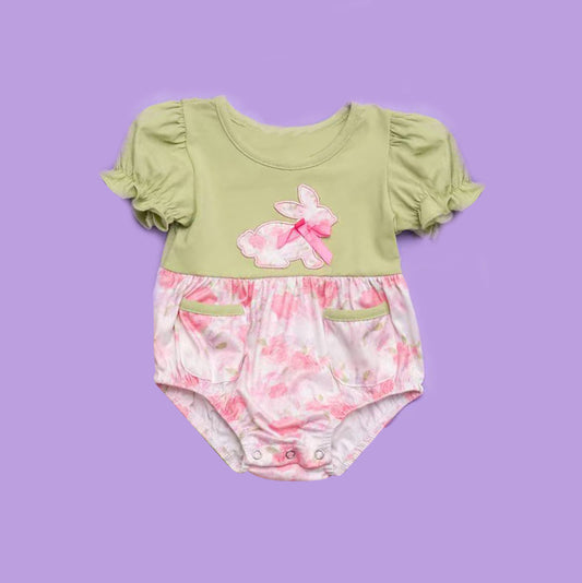 ( Moq 5 ) Preorder Baby Girls Short Sleeves Rabbits Flower Pockets Easter Bubble Romper