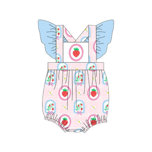 ( Moq 5 ) Preorder Baby Girls Short Sleeves Strawberry Flower Bows Bubble Romper