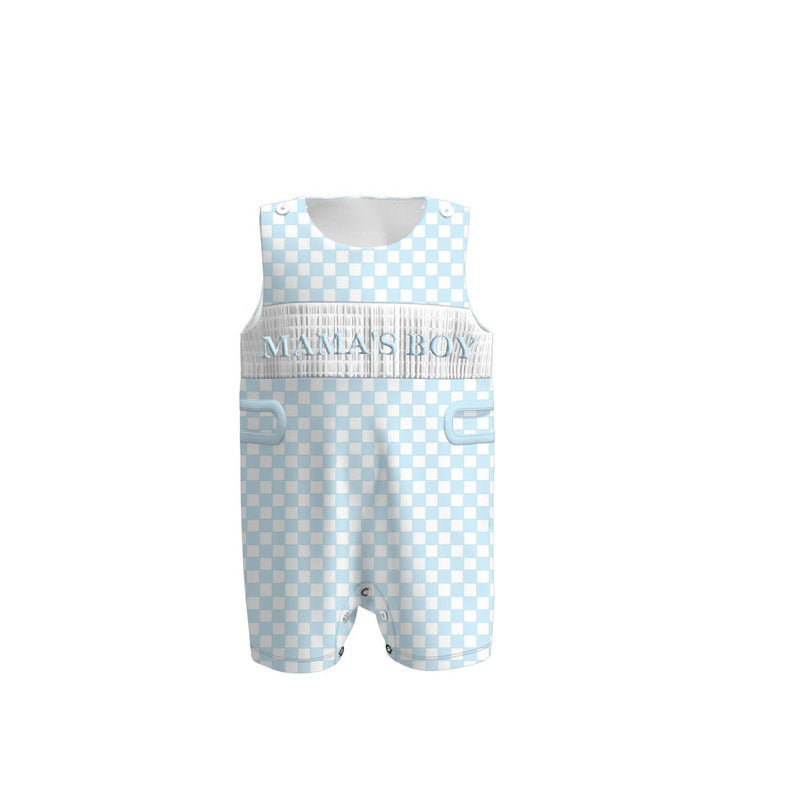( Moq 5 ) Preorder Baby Boys Sleeveless Mama's Boy Blue Checked Romper