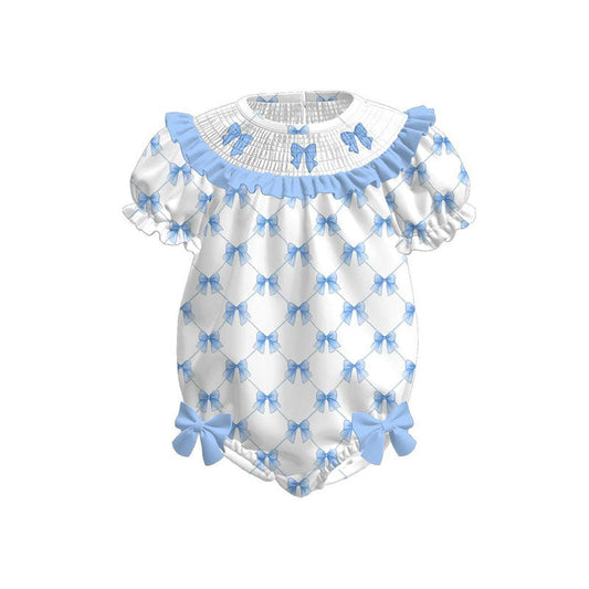 ( Moq 5 ) Preorder Baby Girls Short Sleeves Blue Bows Ruffle Bubble Romper