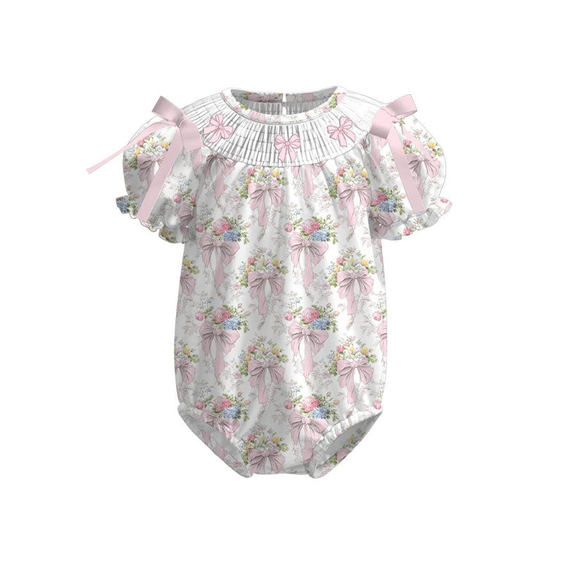 ( Moq 5 ) Preorder Baby Girls Short Sleeves Floral Pink Bows Ruffle Bubble Romper