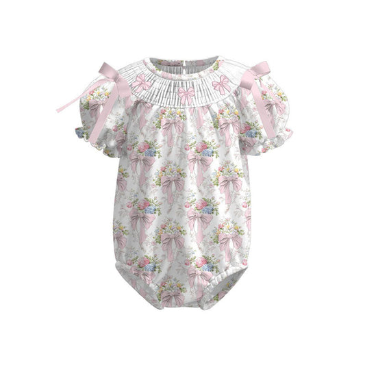 ( Moq 5 ) Preorder Baby Girls Short Sleeves Floral Pink Bows Ruffle Bubble Romper