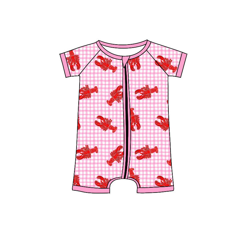 ( Moq 5 ) Preorder Baby Girls Short Sleeves Crawfish Plaid Zipper Romper