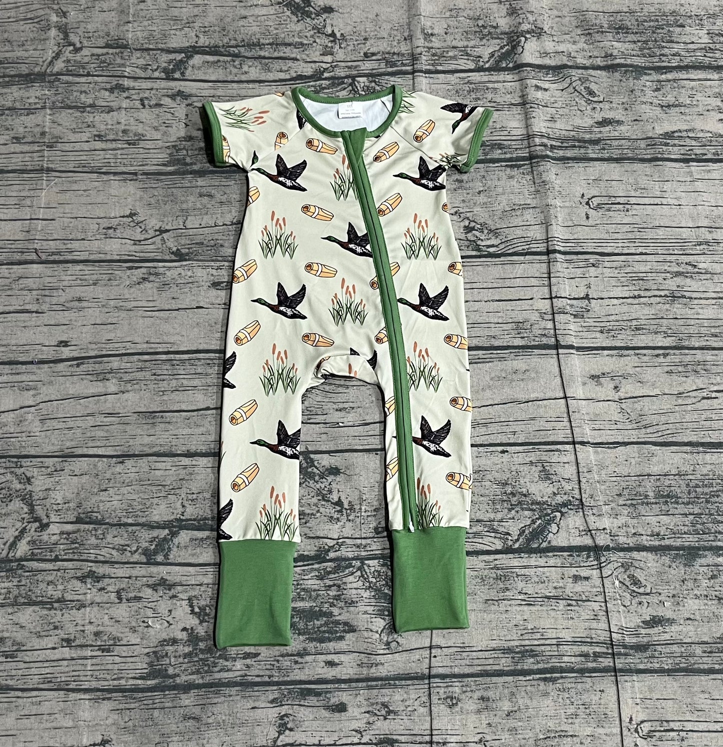 Baby Boys Short Sleeves Ducks Green Zipper Sleeper Hunting Romper RTS