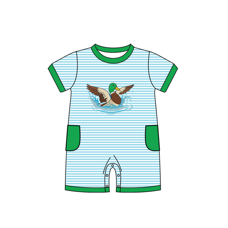( Moq 5 ) Preorder Baby Boys Short Sleeves Ducks Stripes Green Buttons Romper