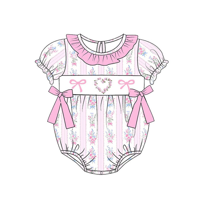 ( Moq 5 ) Preorder Baby Girls Long Sleeves Flower Pink Bows Valentine Bubble Romper