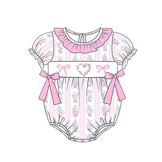 ( Moq 5 ) Preorder Baby Girls Long Sleeves Flower Pink Bows Valentine Bubble Romper