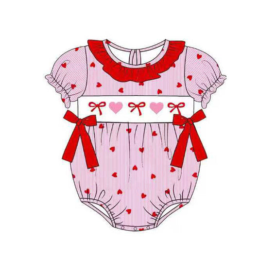 ( Moq 5 ) Preorder Baby Girls Short Sleeves Hearts Red Bows Valentine Bubble Romper