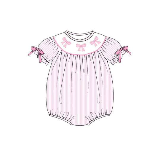 ( Moq 5 ) Preorder Baby Girls Bows Short Sleeves Pink Stripes Bubble Romper