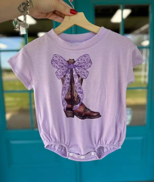( Moq 5 ) Preorder Baby Girls Floral Bows Boots Western Purple Bubble Romper