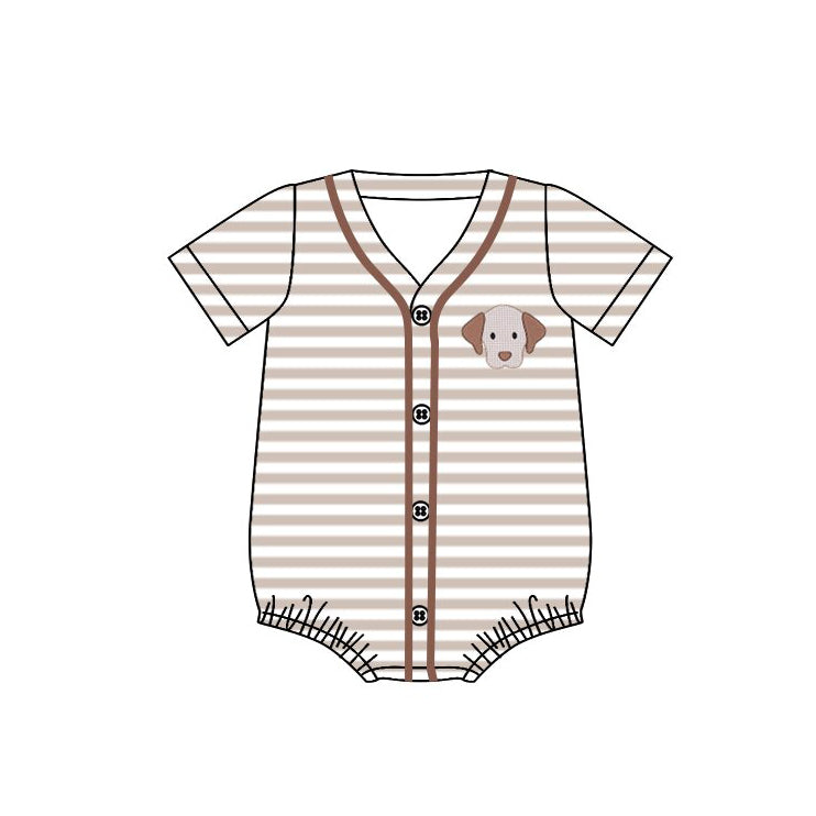 ( Moq 5 ) Preorder Baby Boys Short Sleeves Dogs Brown Stripes Buttons Bubble Romper