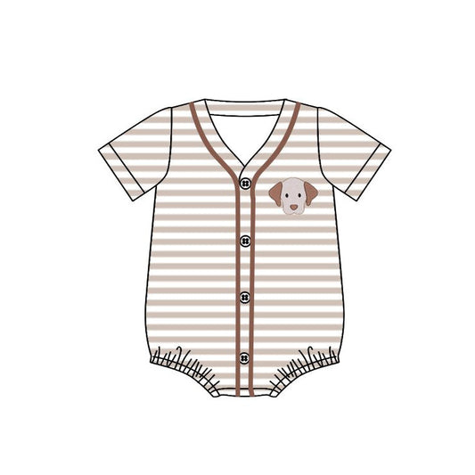 ( Moq 5 ) Preorder Baby Boys Short Sleeves Dogs Brown Stripes Buttons Bubble Romper