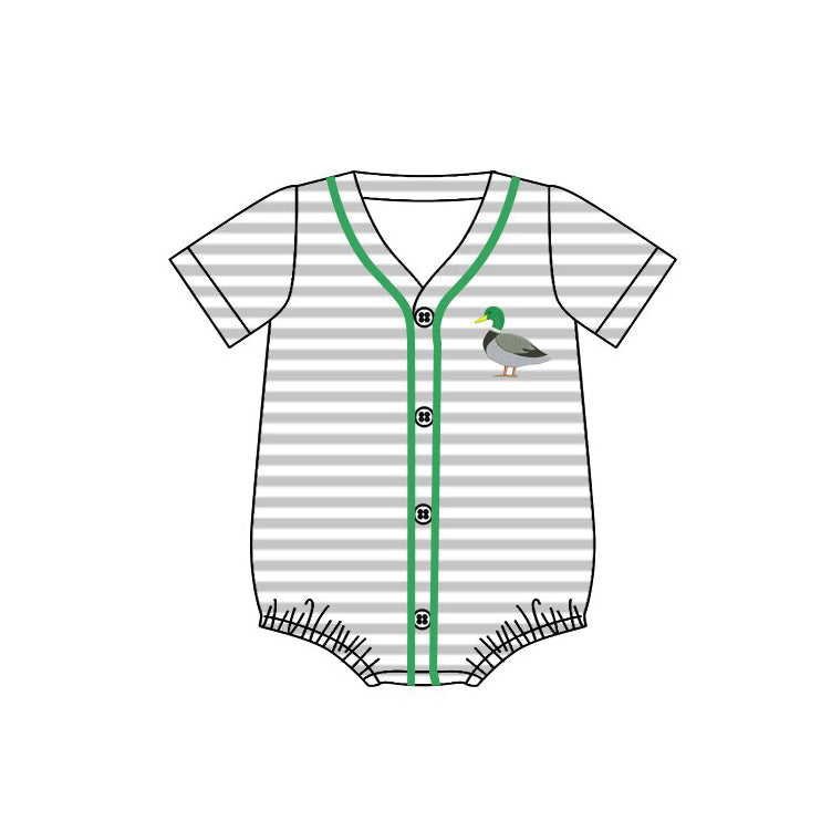 ( Moq 5 ) Preorder Baby Boys Short Sleeves Ducks Grey Stripes Buttons Bubble Romper