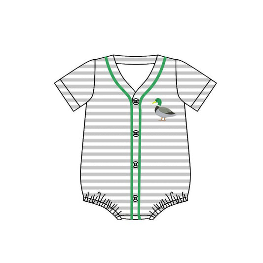 ( Moq 5 ) Preorder Baby Boys Short Sleeves Ducks Grey Stripes Buttons Bubble Romper
