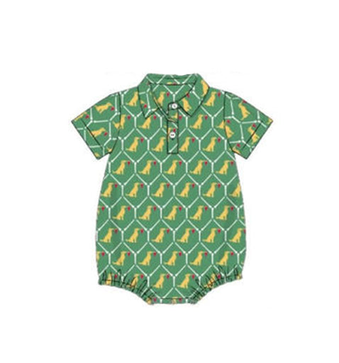 ( Moq 5 ) Preorder Baby Boys Short Sleeve Dogs Flags Buttons Green Bubble Romper