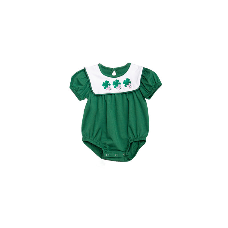 ( Moq 5 ) Preorder Baby Girls Short Sleeves Clovers Bows St. Patrick's Day Green Bubble Romper