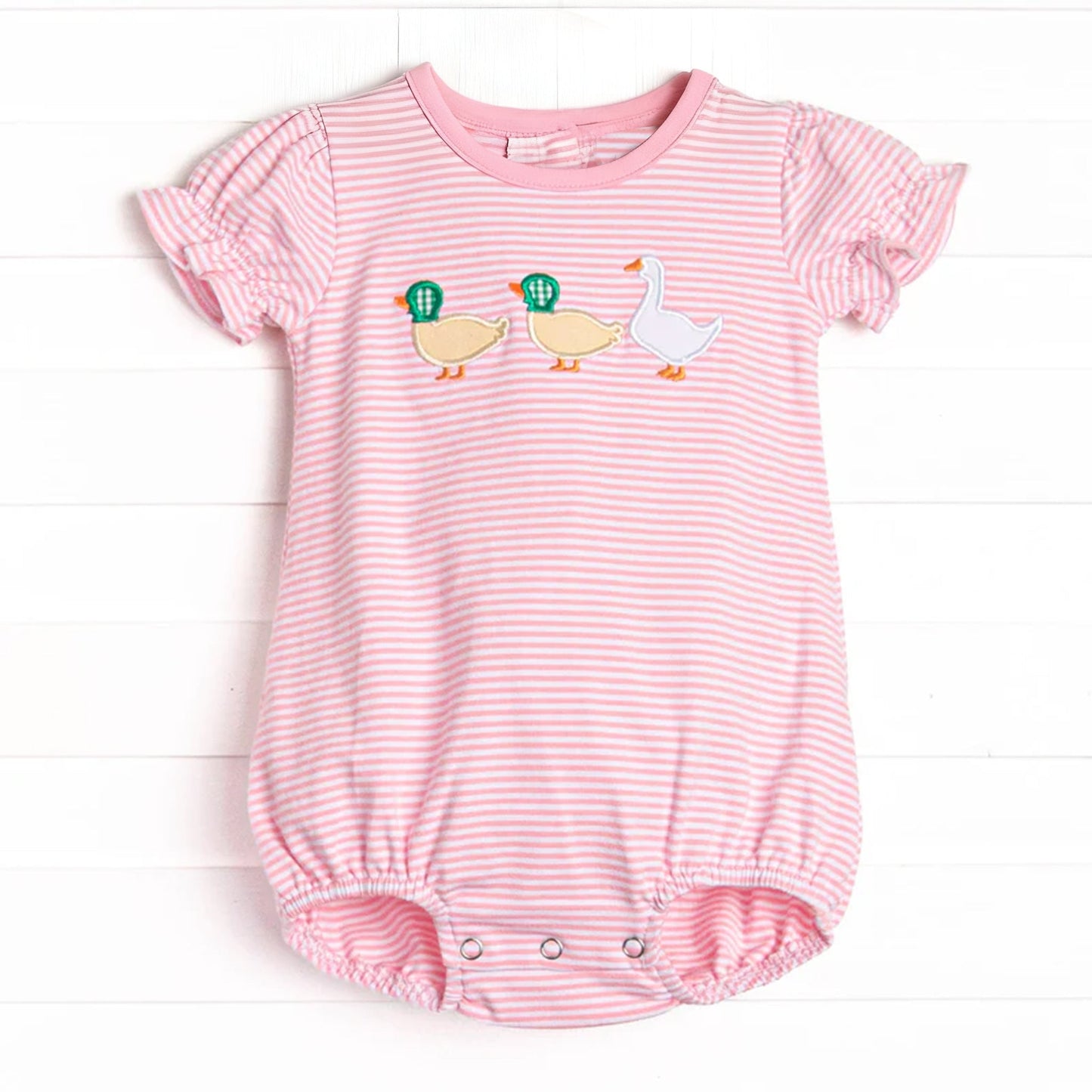 ( Moq 5 ) Preorder Baby Girls Short Sleeves Ducks Pink Stripes Bubble Romper