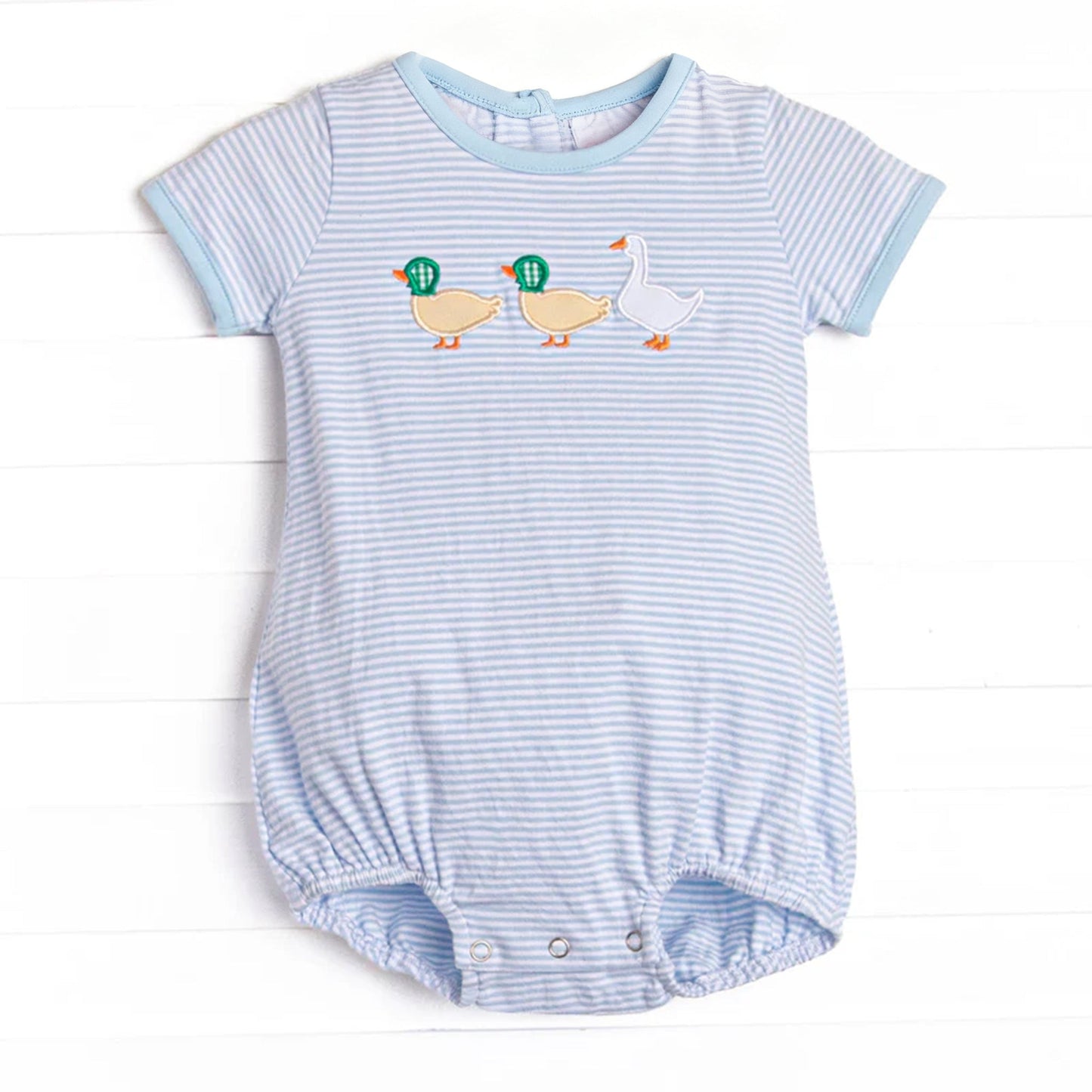 ( Moq 5 ) Preorder Baby Boys Short Sleeves Ducks Blue Stripes Bubble Romper