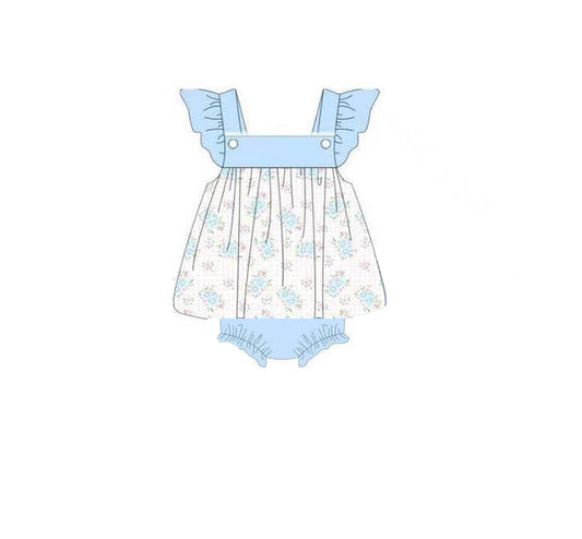 ( Moq 5 ) Preorder Baby Girls Infant Blue Short Sleeves Flower Romper