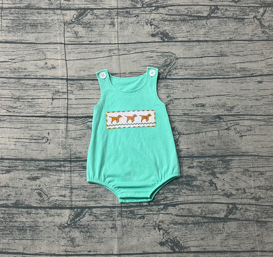 ( No moq ) Preorder Baby Boys Infant Sleeveless Embroidery Dogs Green Bubble Romper