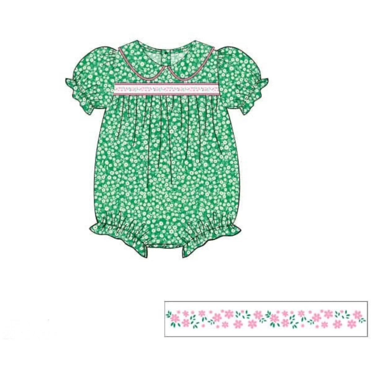 ( Moq 5 ) Preorder Baby Girls Kids Short Sleeves Floral Green Bubble Romper