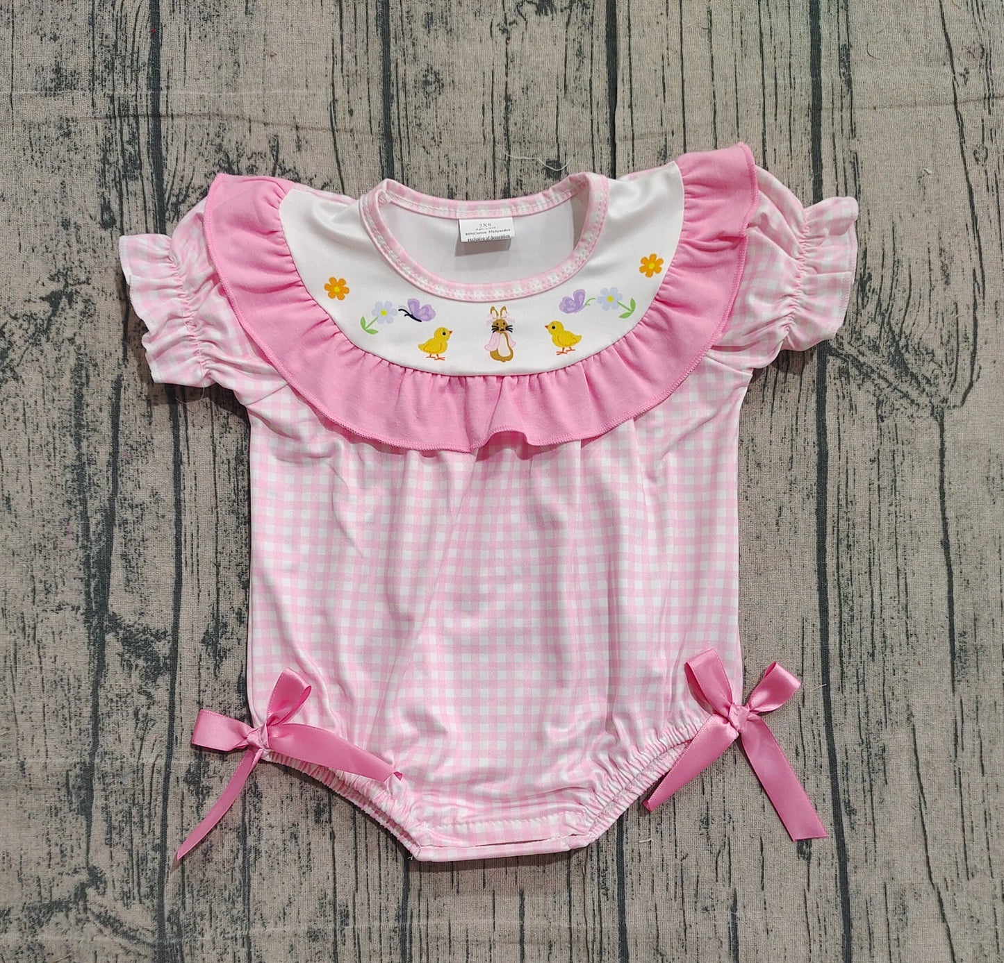 Baby Girls Infant Short Sleeves Chicks Rabbit Flower Pink Plaid Easter Romper RTS