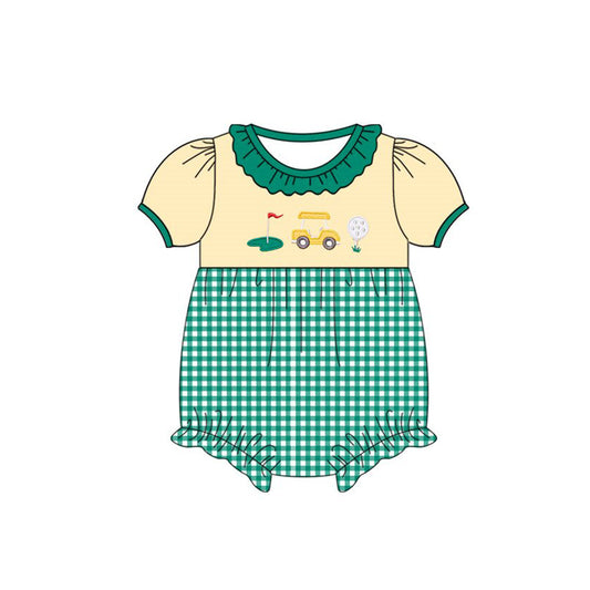 ( Moq 5 ) Preorder Baby Girls Short Sleeves Golf Green Plaid Bubble Ruffle Romper
