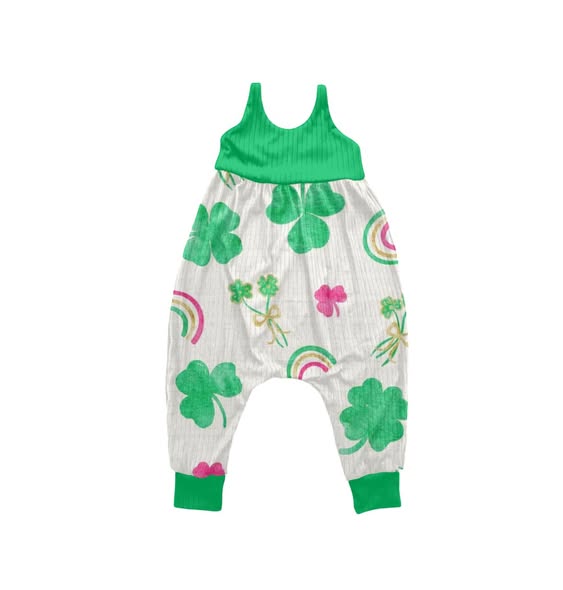 ( Moq 5 ) Preorder Baby Girls Kids Sleeveless Clovers St. Patrick Green Romper