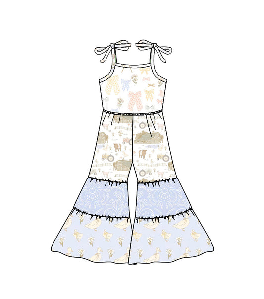 ( Moq 5 ) Preorder Baby Girls Kids Straps Bows Farm Animals Jumpsuit