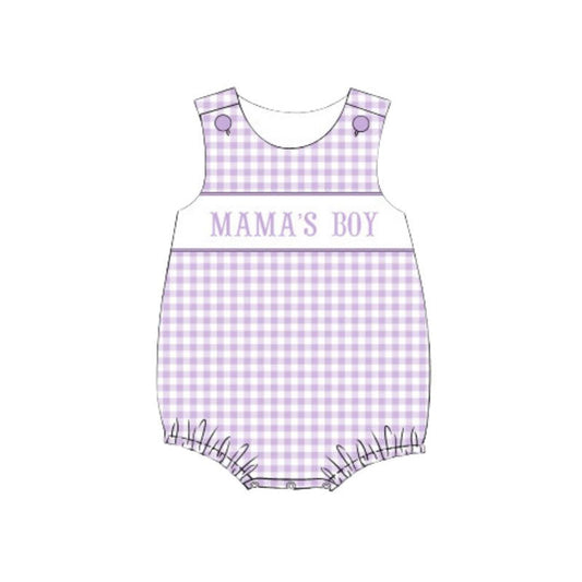( Moq 5 ) Preorder Baby Kids Sleeveless Mama's Boy Plaid Purple Bubble Romper