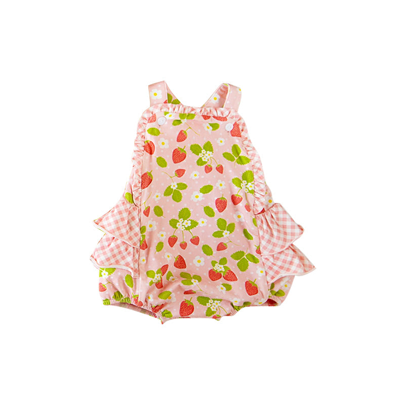 ( Moq 5 ) Preorder Baby Girls Sleeveless Strawberry Flowers Plaid Ruffle Bubble Romper