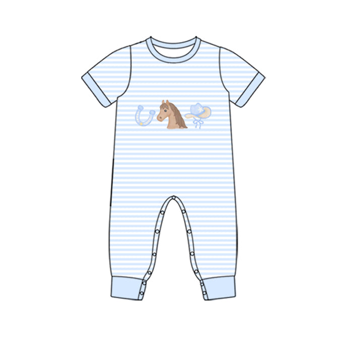 ( Moq 5 ) Preorder Baby Boys Infant Short Sleeves Horse Blue Stripes Western Romper