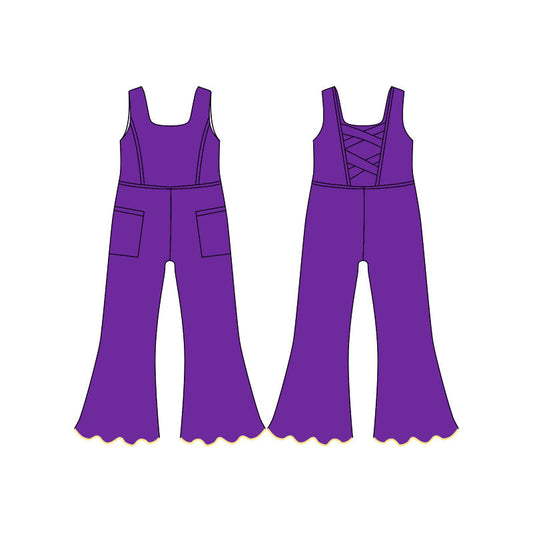 ( Moq 5 ) Preorder Baby Girls Dark Purple Sleeveless Pockets Pants Yoga Jumpsuit