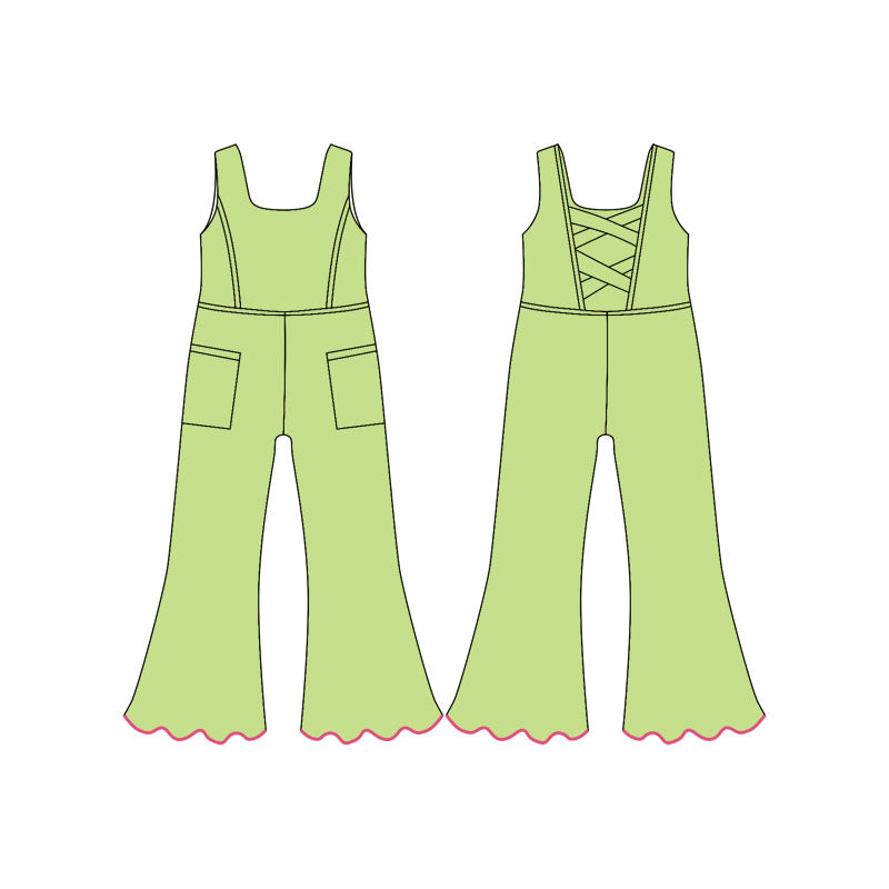 ( Moq 5 ) Preorder Baby Girls Green Sleeveless Pockets Pants Yoga Jumpsuit