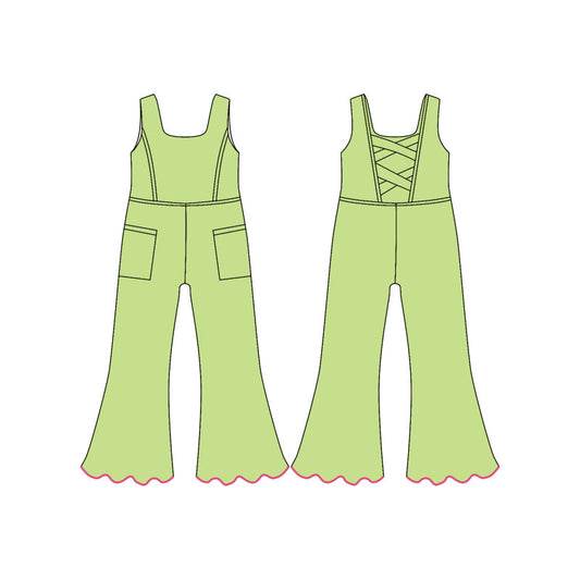 ( Moq 5 ) Preorder Baby Girls Green Sleeveless Pockets Pants Yoga Jumpsuit