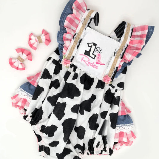 ( Moq 5 ) Preorder Baby Girls Short Sleeves Boots Cow Print Western Ruffle Bubble Romper