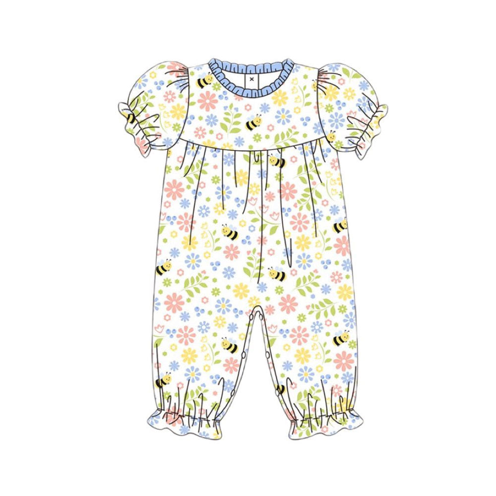 ( Moq 5 ) Preorder Baby Girls Infant Short Sleeves Floral Bee Buttons Romper