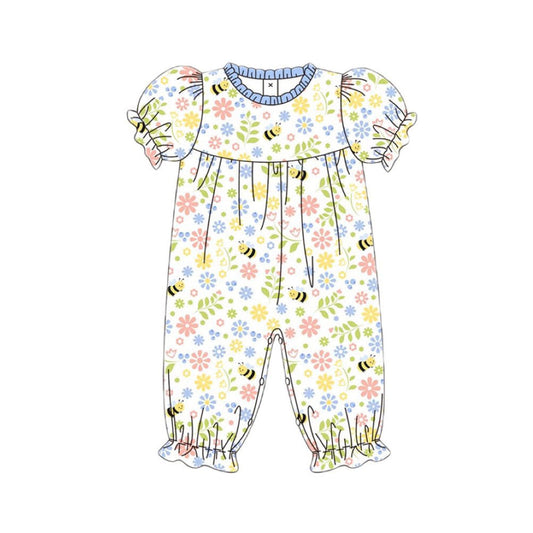 ( Moq 5 ) Preorder Baby Girls Infant Short Sleeves Floral Bee Buttons Romper