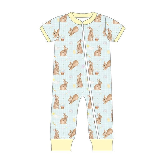 ( Moq 5 ) Preorder Baby Boys Infant Short Sleeves Rabbits Eggs Zipper Easter Romper