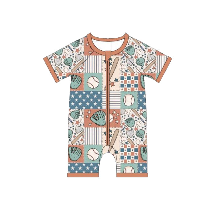 ( Moq 5 ) Preorder Baby Boys Short Sleeves Baseballs Stars Plaid Zipper Romper