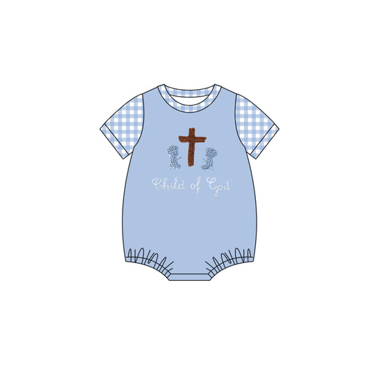 ( Moq 5 ) Preorder Baby Boys Plaid Short Sleeve Cross Easter Bubble Romper