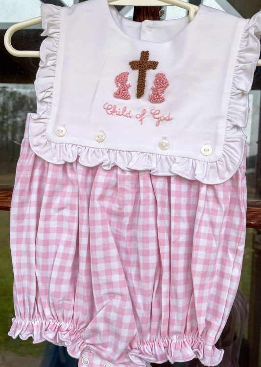 ( Moq 5 ) Preorder Baby Girls Sleeveless Crosses Pink Plaid Easter Bubble Romper