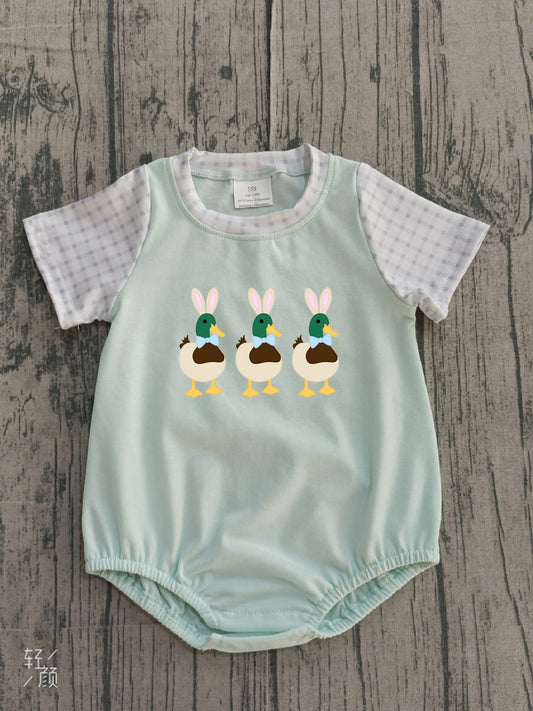 ( No moq ) Preorder Baby Boys Infant Short Sleeve Embroidery Rabbits Ducks Easter Romper